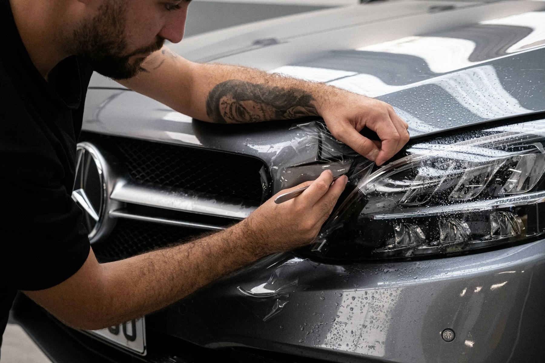 Installer fitting clear paint protection film around a headlight